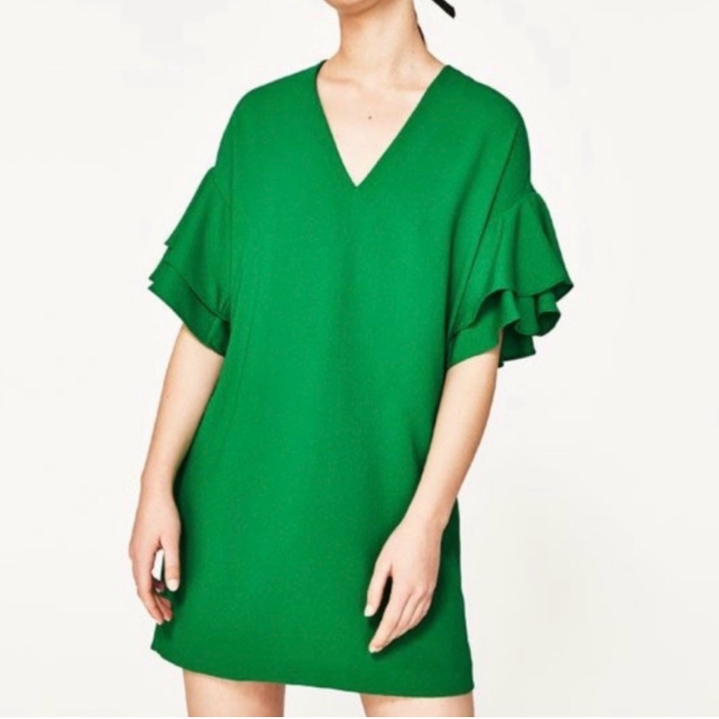 Zara Green Ruffle Sleeve Mini Dress - Size M